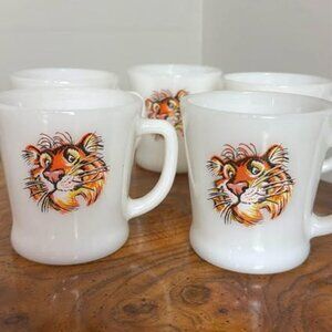 5 Vintage FIRE KING MILK GLASS MUGS, Exxon Tiger - Anchor Hocking Esso EC
